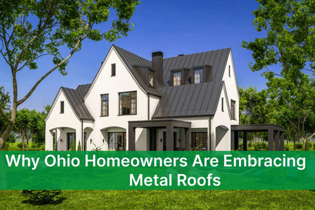 Modern white house in Ohio with metal roofing surrounded by trees