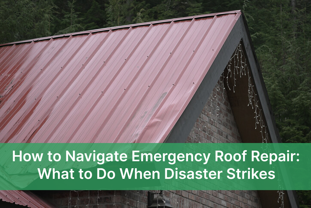 Damaged metal roof on a house amidst a forested landscape.