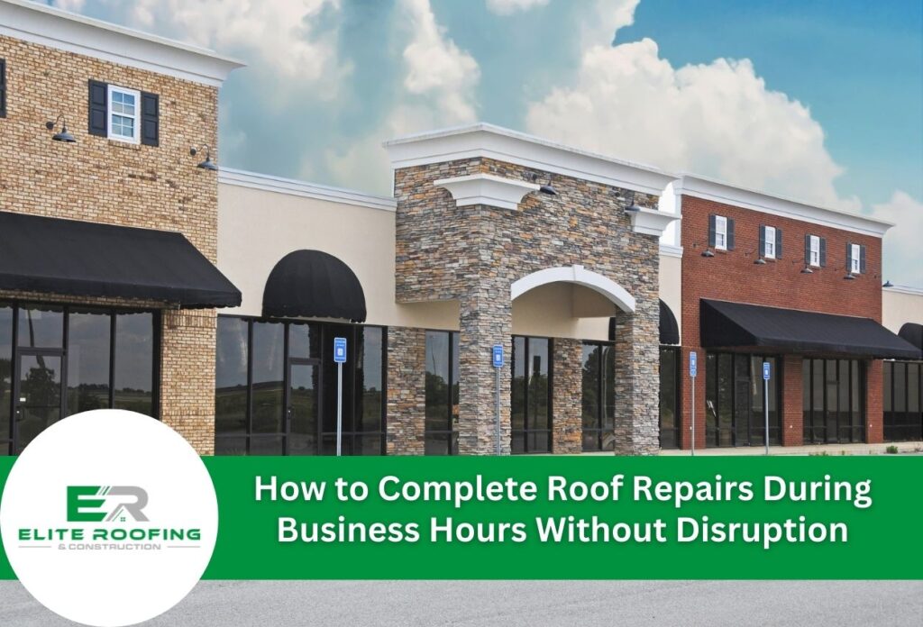 Modern commercial strip mall with brick and stone facade under blue cloudy sky