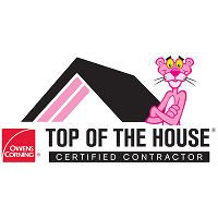 Owens Corning Top of the House certified contractor logo with cartoon mascot.